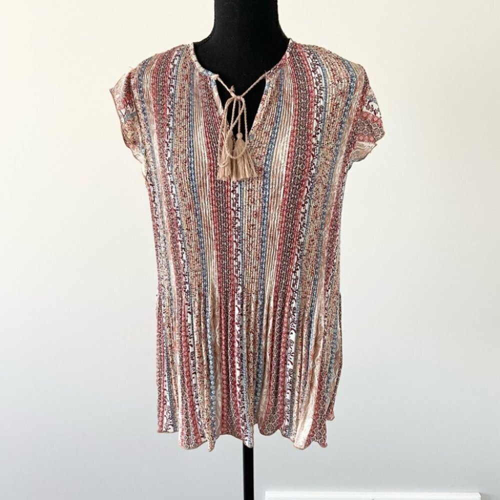 Zac & Rachel Floral Ruffled Cap  Sleeve Pleated Blouse With Tassels